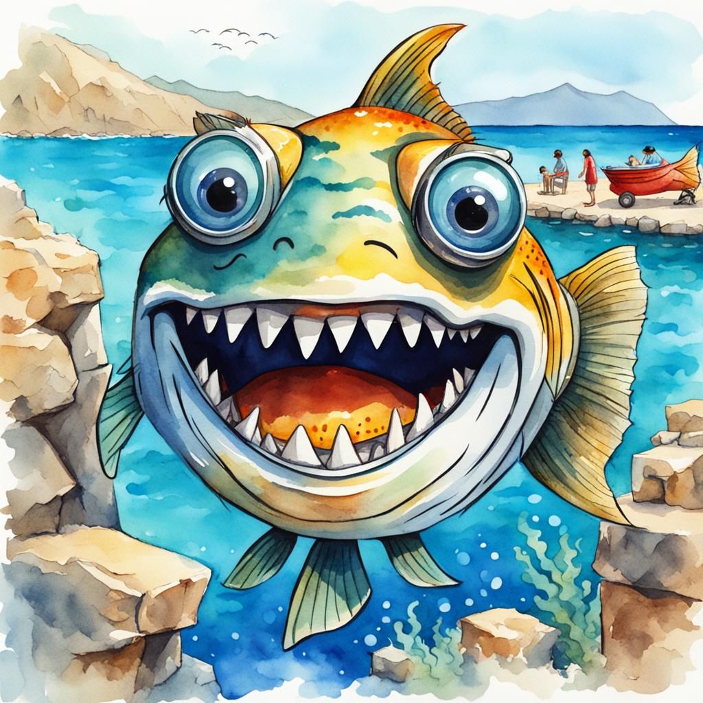 Cartoon Fish Bites Tourist on Crete Beach