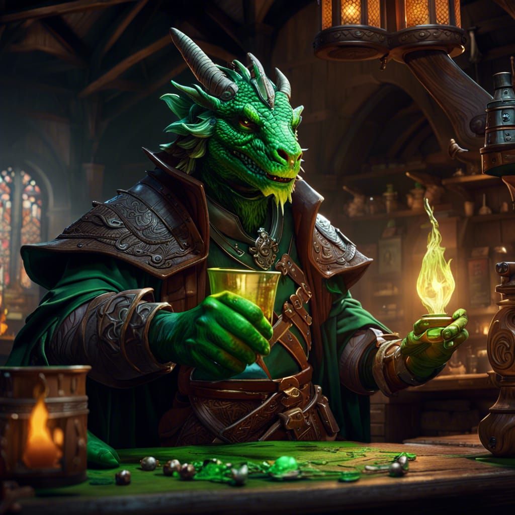 Green Dragonborn Casting Spell in Tavern, Fantasy Art
