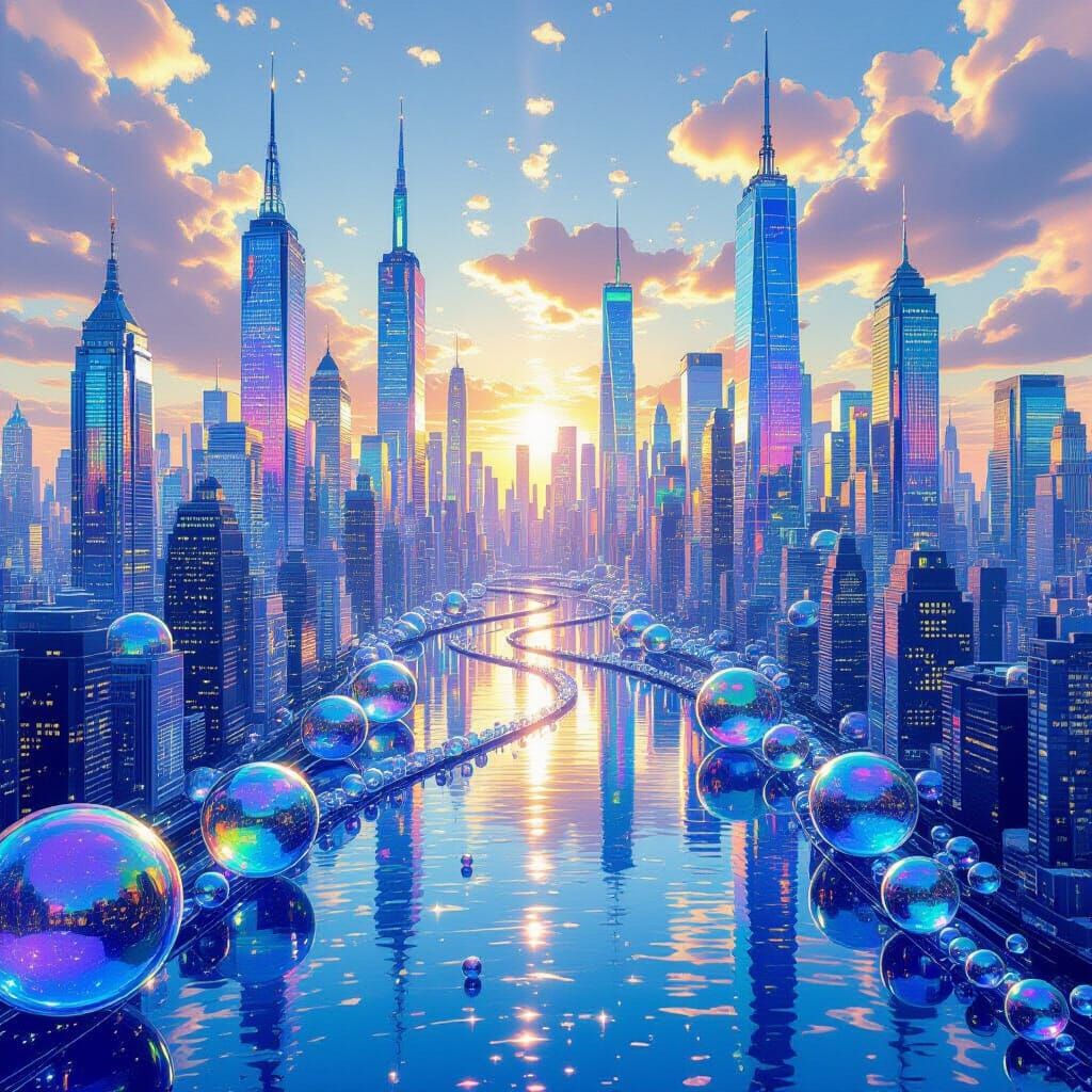 Surreal Soap Bubble Cityscape with Rainbow Liquid Skyscraper...