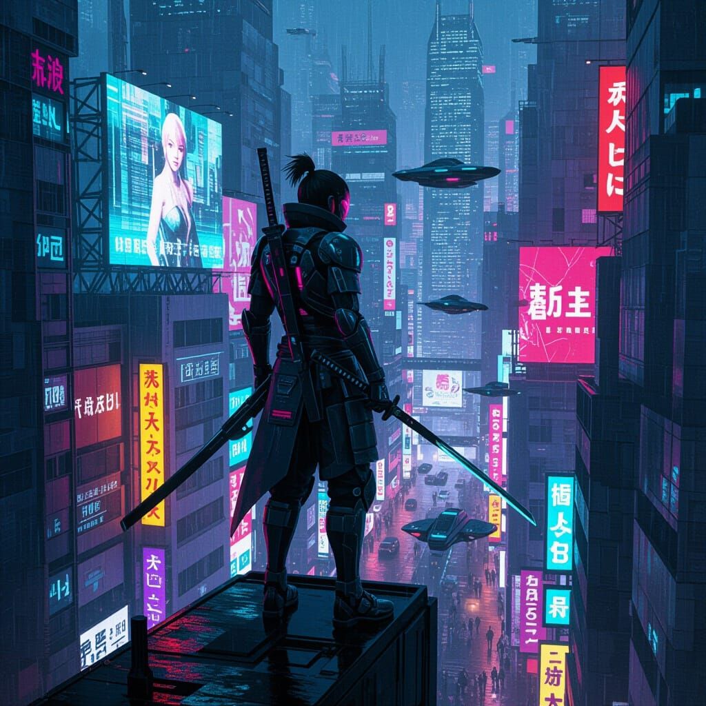 Cyberpunk Samurai in Neon Metropolis