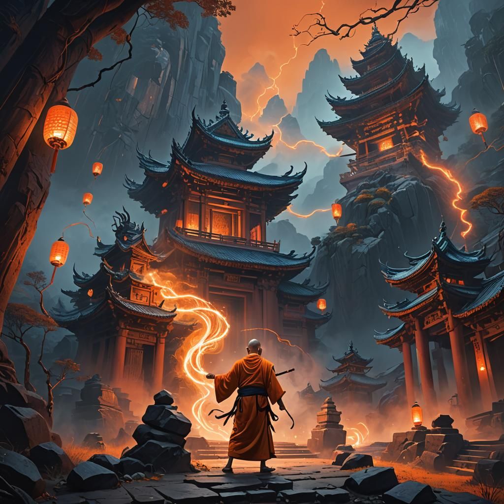 Monk Battles Demon: Fantasy Art in Orange and Blue