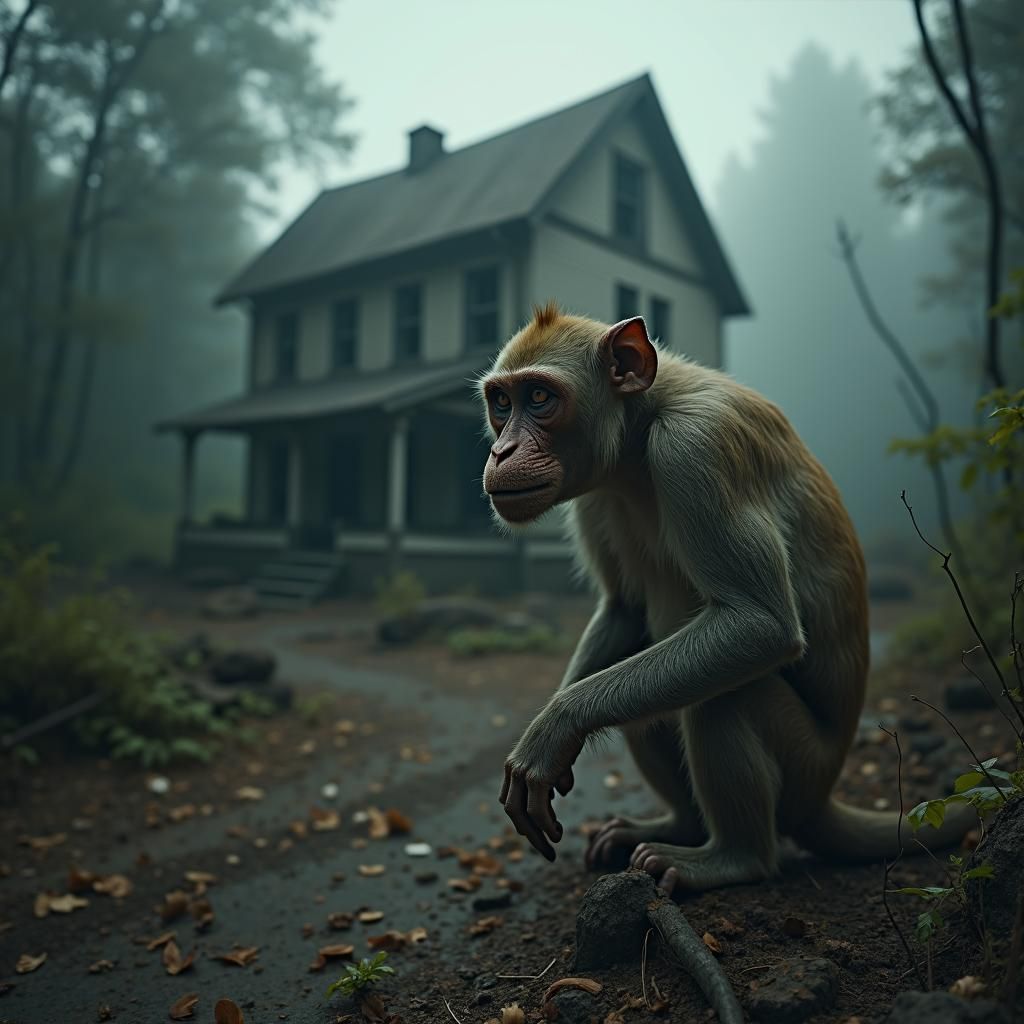 Wounded Monkey Lost in Ominous Forest, Oil Painting Style