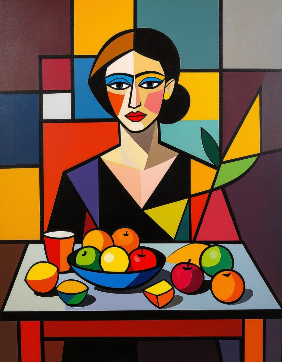 Vibrant Fruit Still Life in Mondrian Style