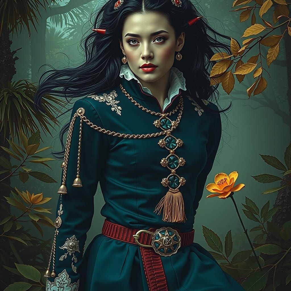 Mystical Forest Scene with Chimaera and Geisha