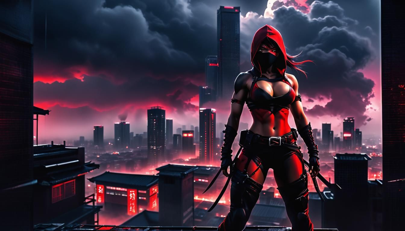 Cyberpunk Ninja Assassin in Red and Black Outfit