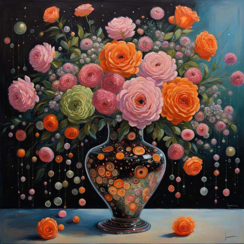 Ornate Vase with Flowers, Oil Painting Style