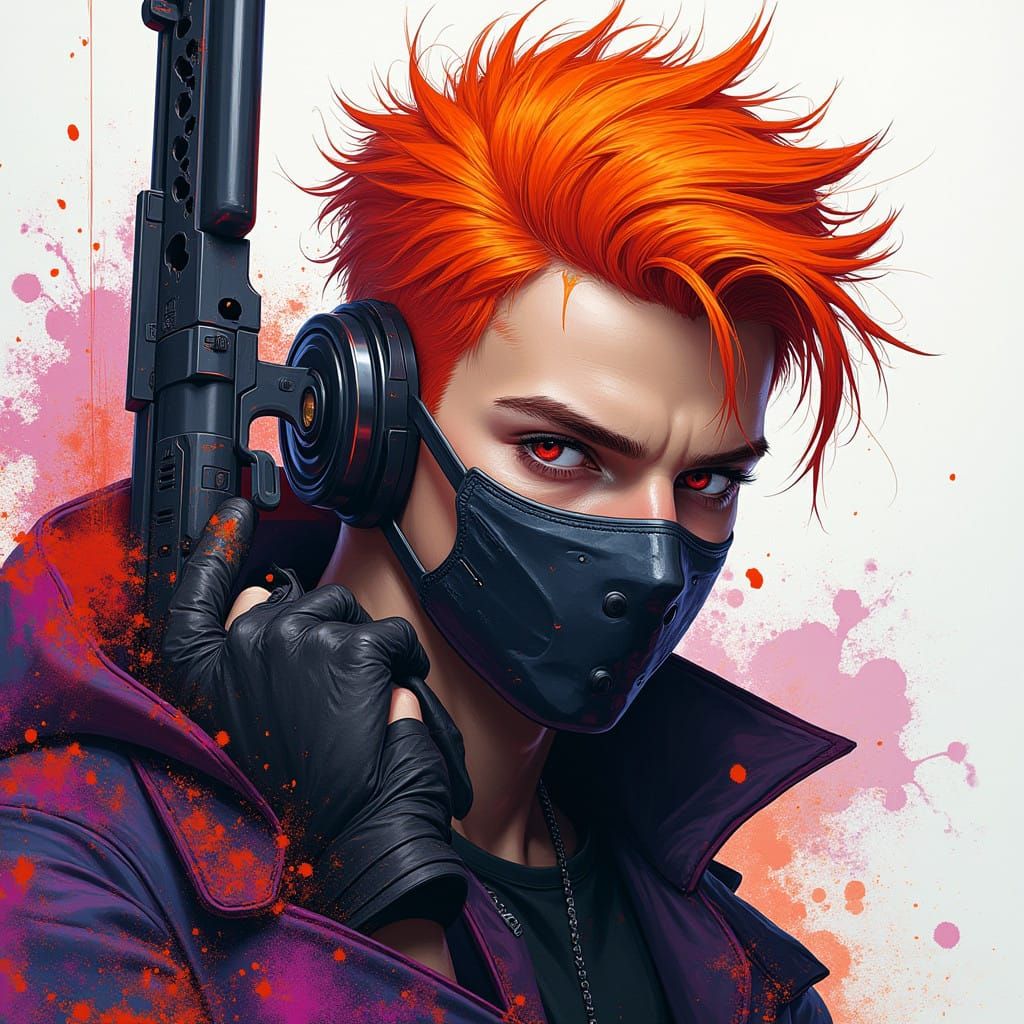 Cyberpunk Hero with Vibrant Orange Hair and Mask