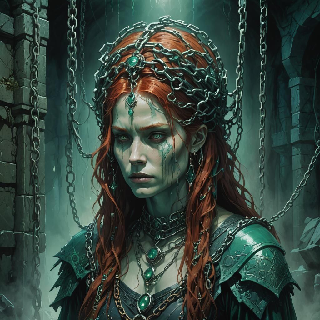 Redhead Witch in Chains: Dark Fantasy Portrait