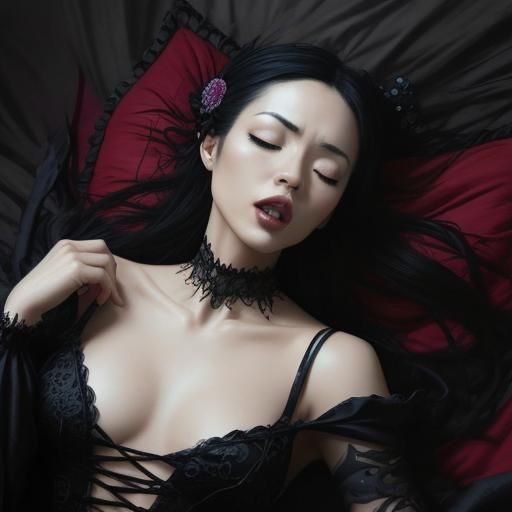 Ecstatic Bare Woman in Gothic Bedroom, Oil Painting