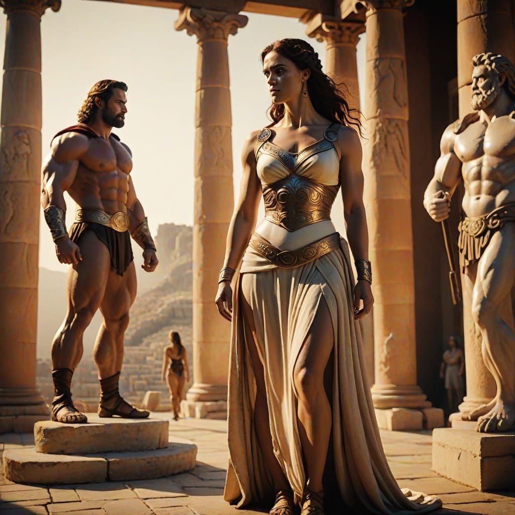 Ethereal Goddess Beside Hercules in a Warm, Cinematic Glow