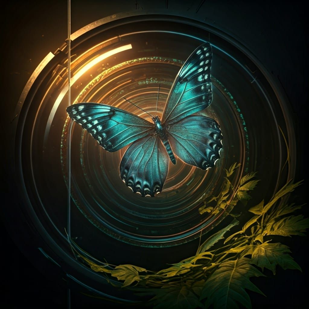 Iridescent Butterfly in Holographic Sci-Fi Lab