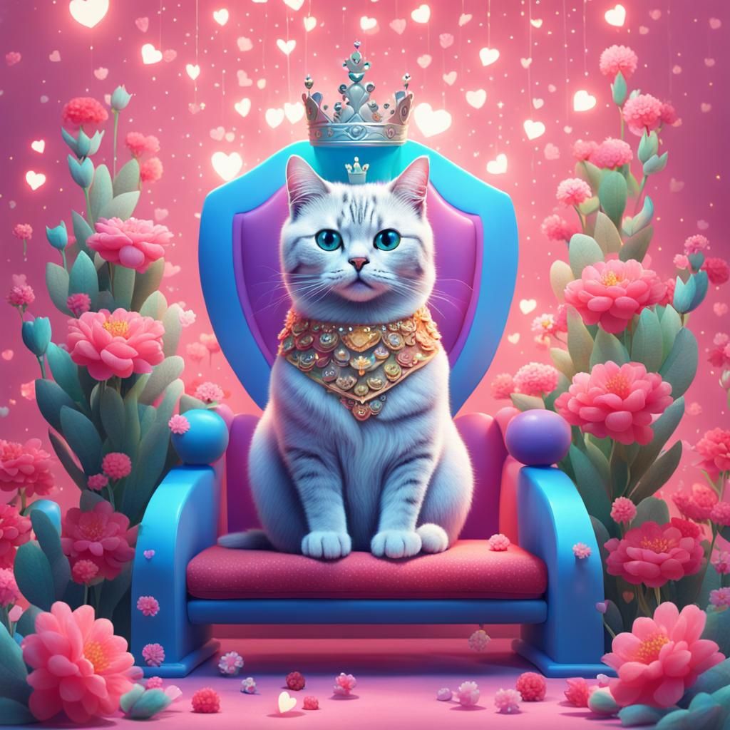 Crowned Cat on Throne with Flowers, Glander Style