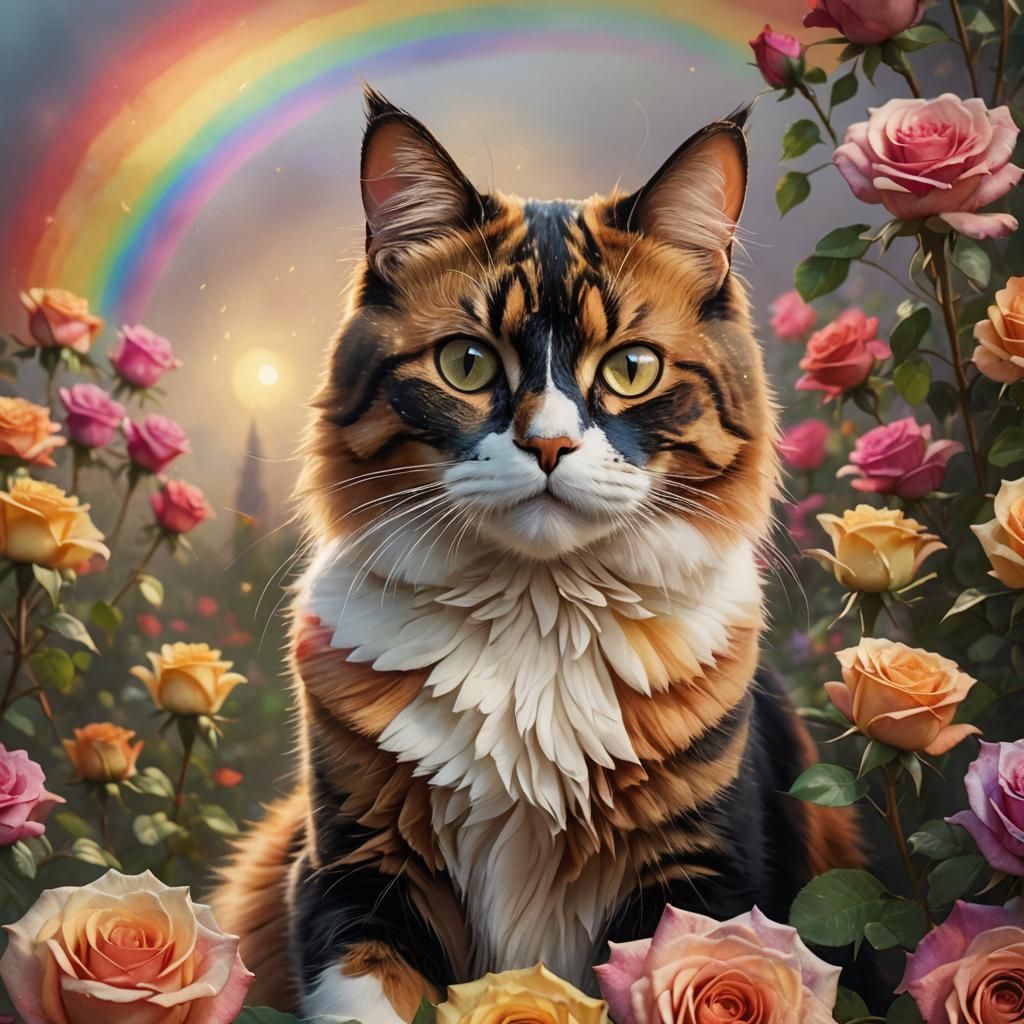 Calico Cat Portrait with Rainbow Roses, Oil Painting Style