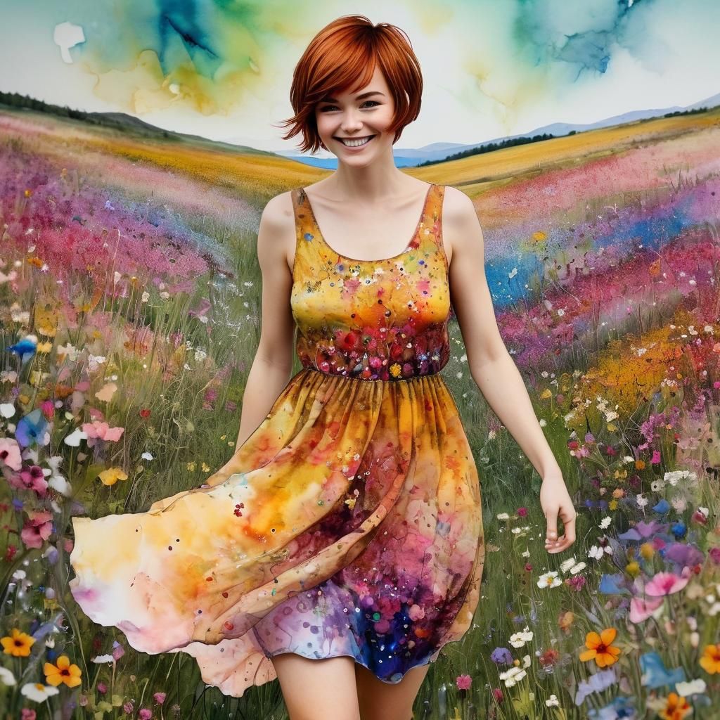 Happy Woman in Wildflower Field, Alcohol Ink Painting