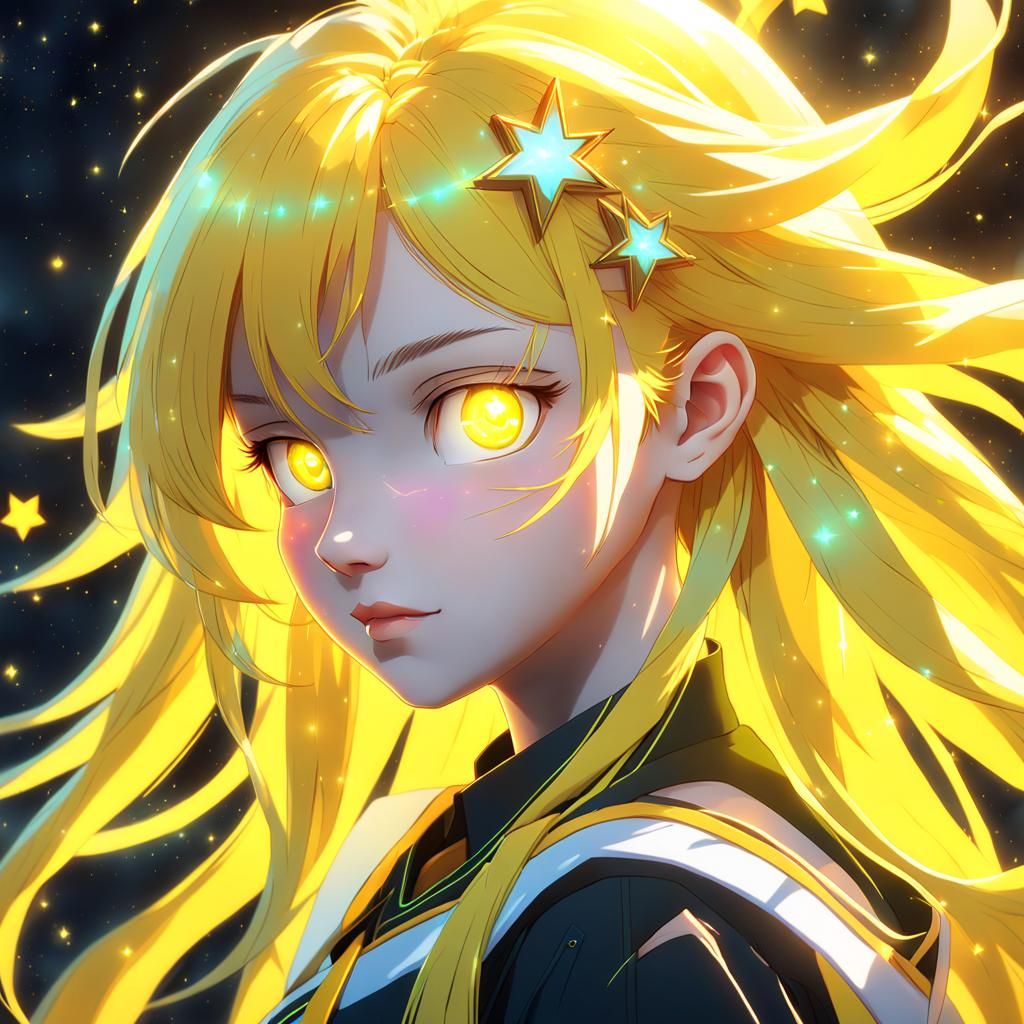Glowing High School Girl with Radiant Hair and Starry Eyes i...