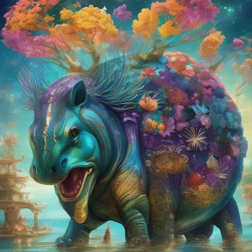 Clown Riding Hippo on Turtle in Iridescent Woods