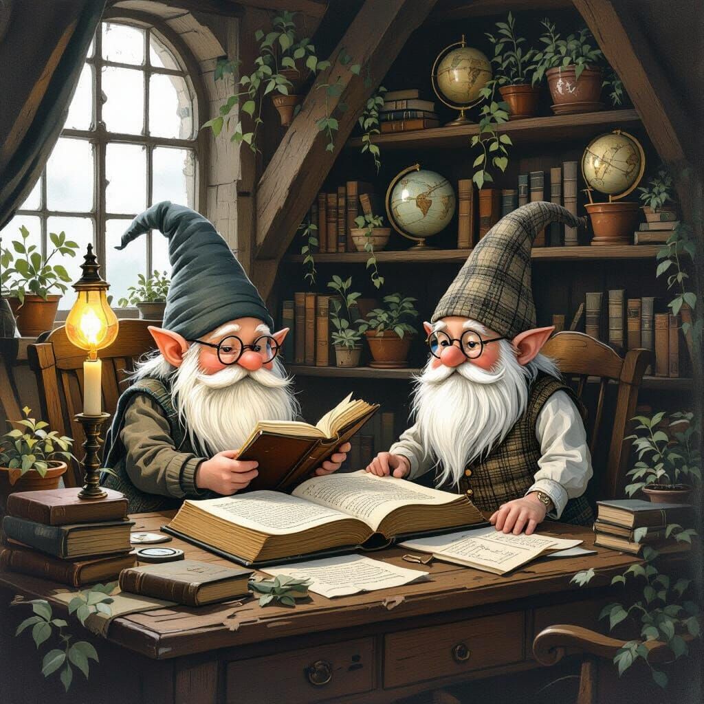Dark Academia Gnomes in Cozy Bedroom with Antique Decor
