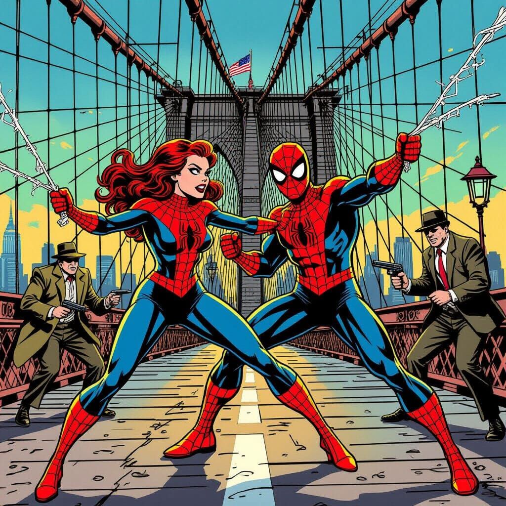 Spider-Man and Spider-Woman Battle Thugs on Brooklyn Bridge