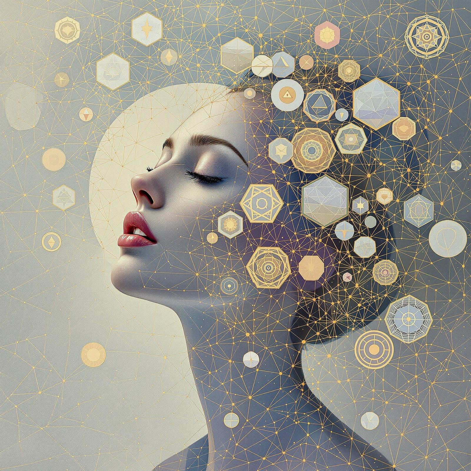 Woman in Harmonious Geometric Dance with Radiant Shapes