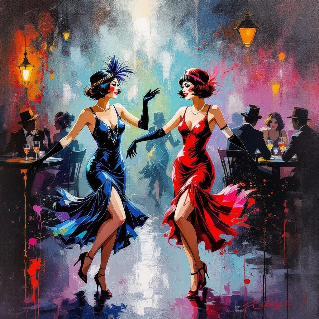 Flappers Dancing in 1920s Speakeasy Graffiti Art