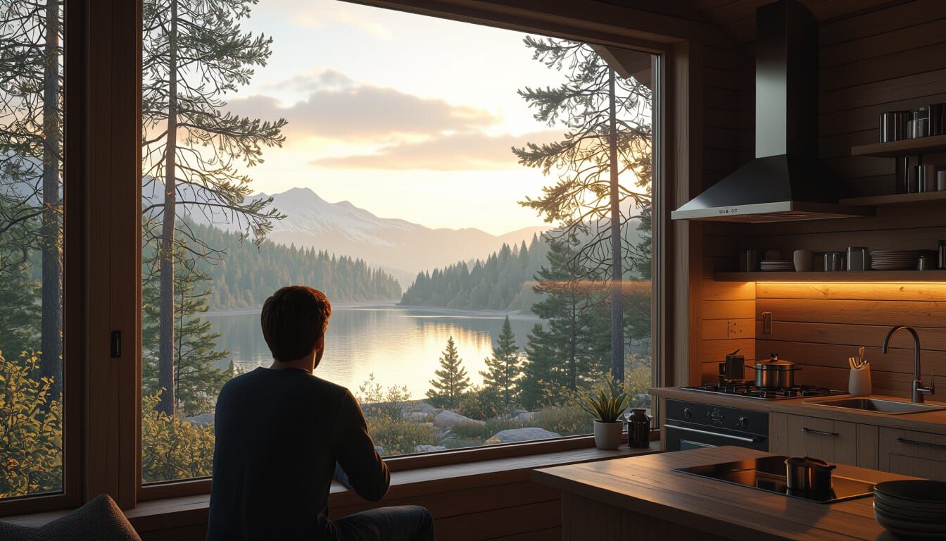 Cozy Cabin Kitchen Overlooking Serene Landscape