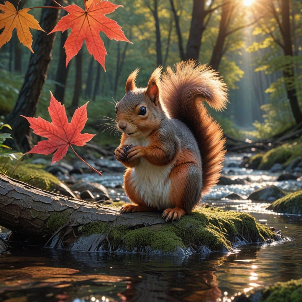 Surreal Oil Painting of a Tiny Squirrel on a Crimson-Tipped ...
