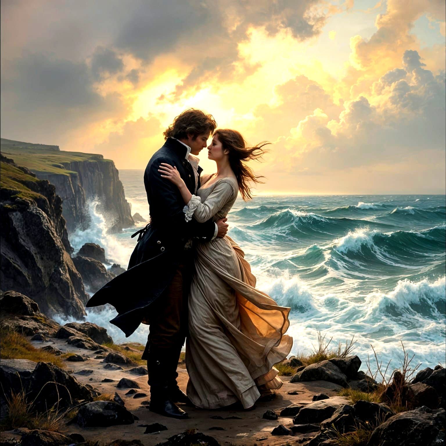18th Century Lovers Embrace on Stormy Coastline