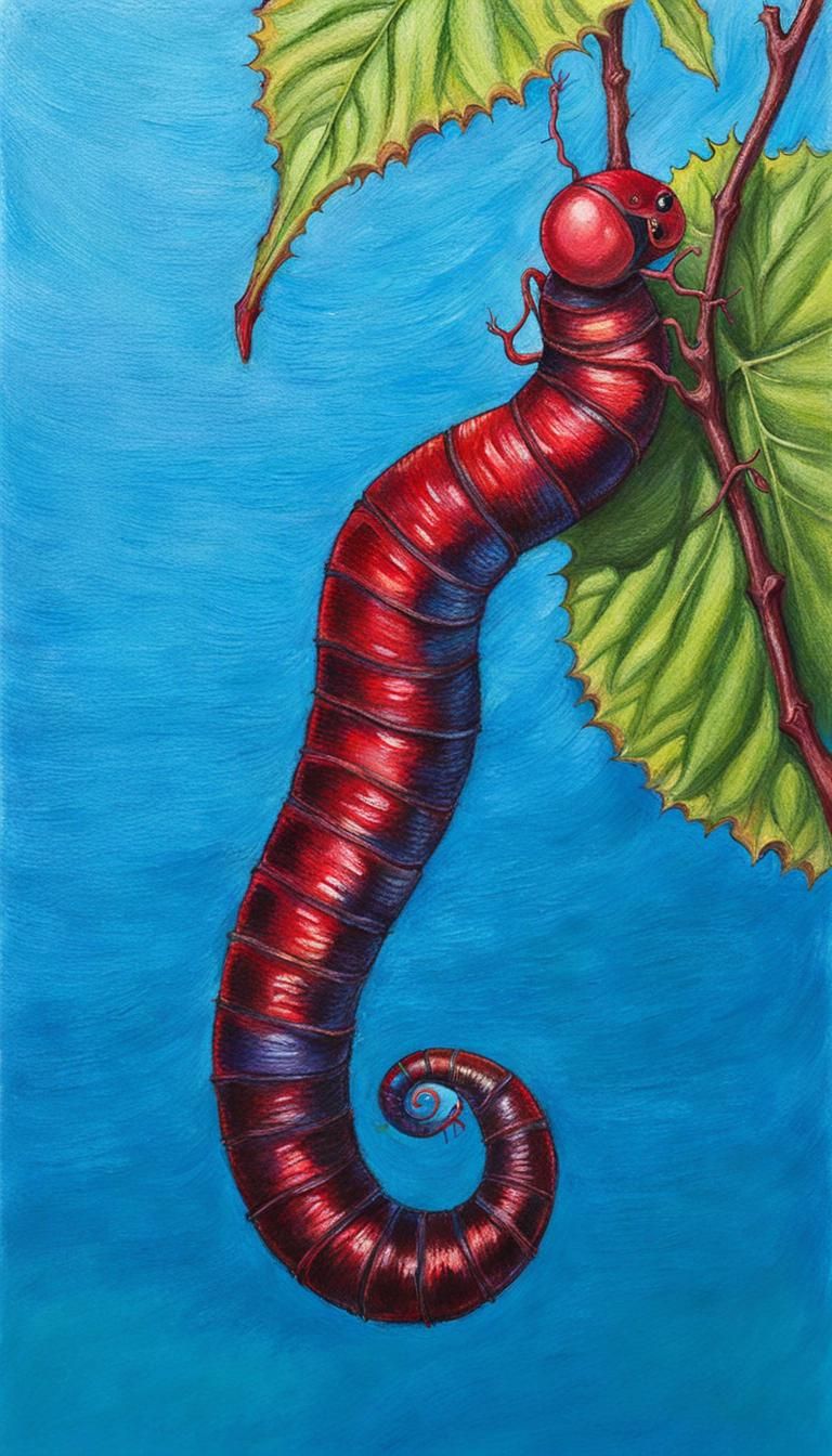 Detailed Oil Pastel of Hammerhead Flatworm on Vine