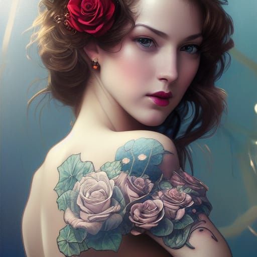 Elegant Tattooed Princess Portrait in Art Nouveau Style