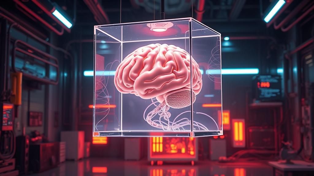 Brain in Glass Cube in Futuristic Laboratory