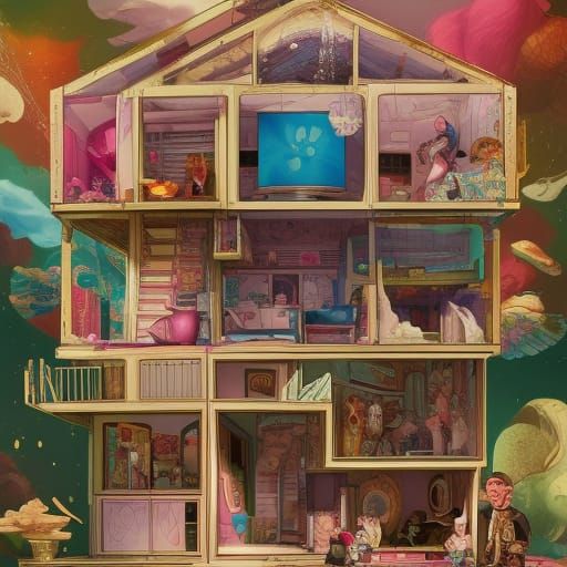 Hyperrealistic Miniature Dollhouse with Child, Digital Art