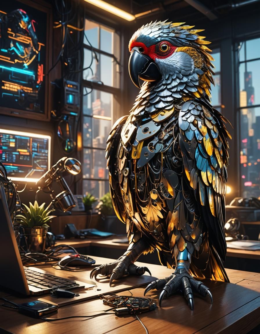 Cybernetic Parrot in Cyberpunk Office, Neon Lighting