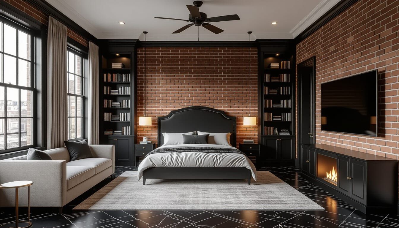 Victorian Bedroom with Exposed Brick and Marble Floor