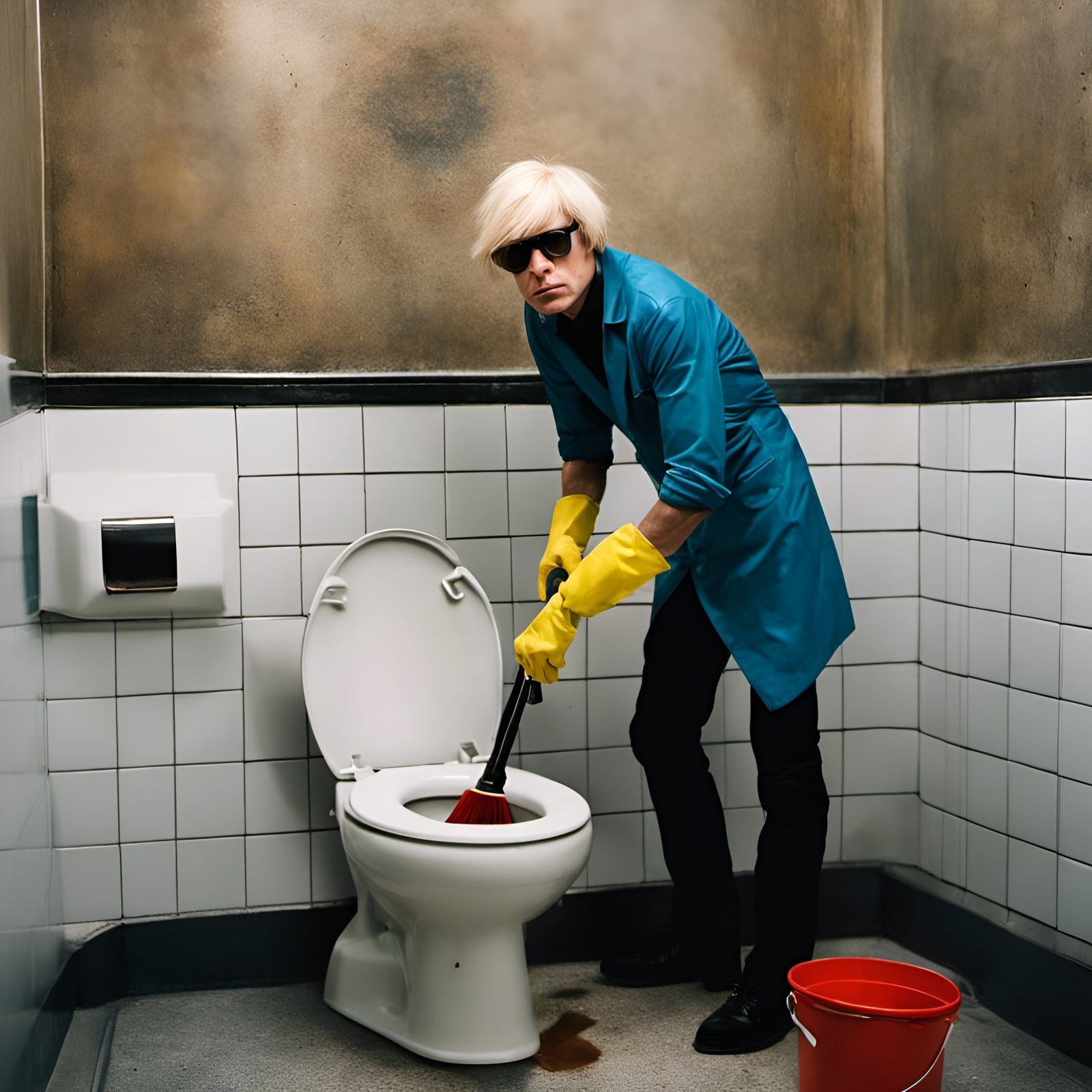 Cleaner in Public Toilet in Street Art Style