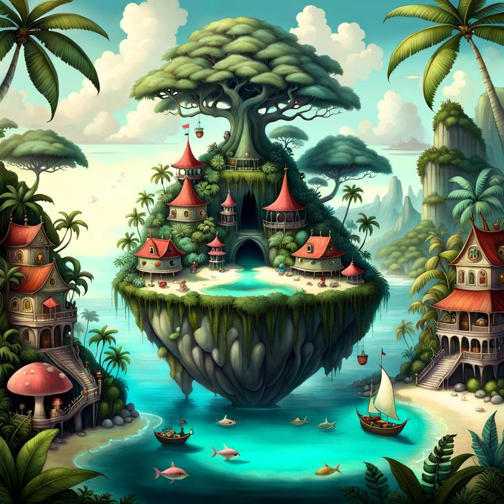 Lush Tropical Island Paradise in Watercolor Style