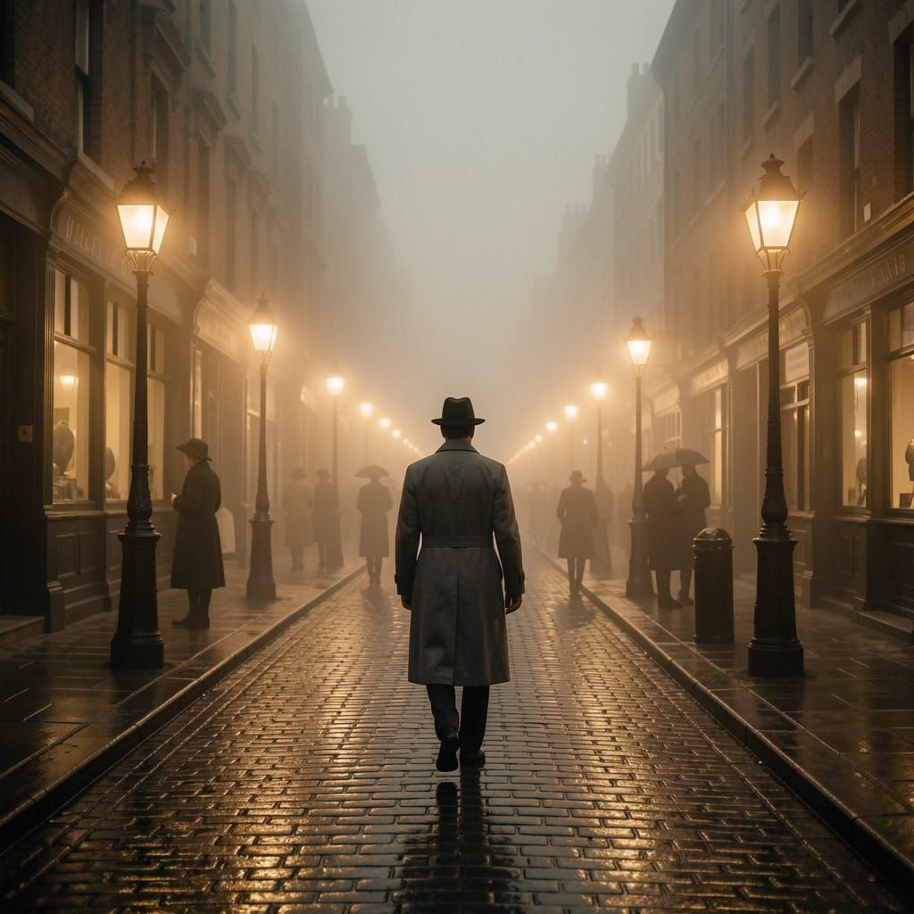 Victorian London Foggy Street at Dusk in Film Noir Style