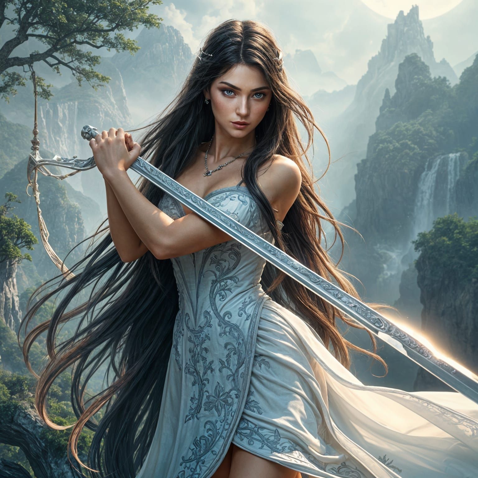 Ethereal Beauty with Sword and Long Hair in Vibrant Fantasy ...