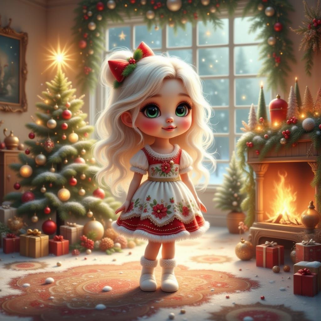 Cartoon Girl in Festive Living Room