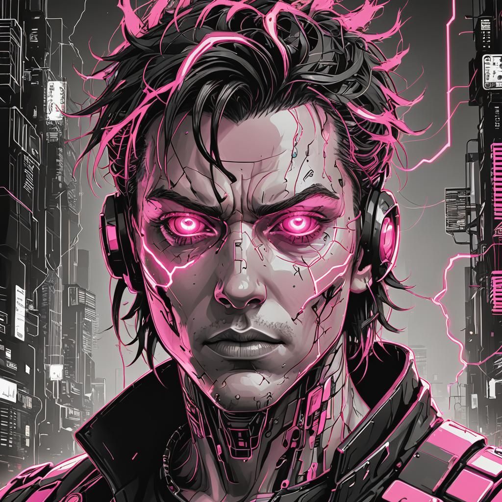 Cyberpunk Hero Line Art with Crackling Electricity