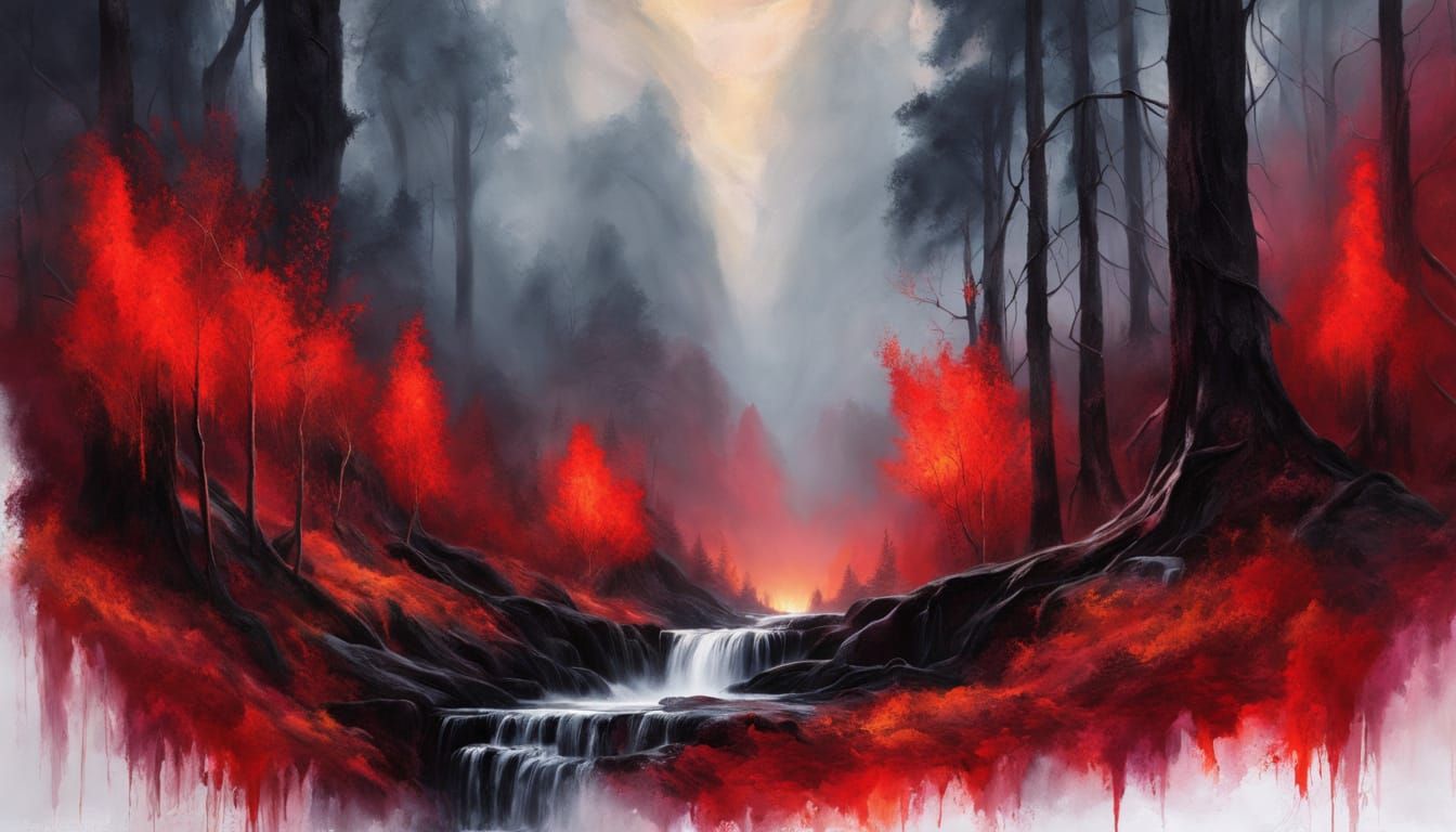 Dark Forest Illuminated by Fiery Waterfall in Vibrant Oil Pa...