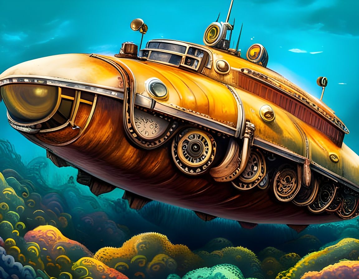 Steampunk Submarine in Underwater Coral Reef: Hyperrealistic...
