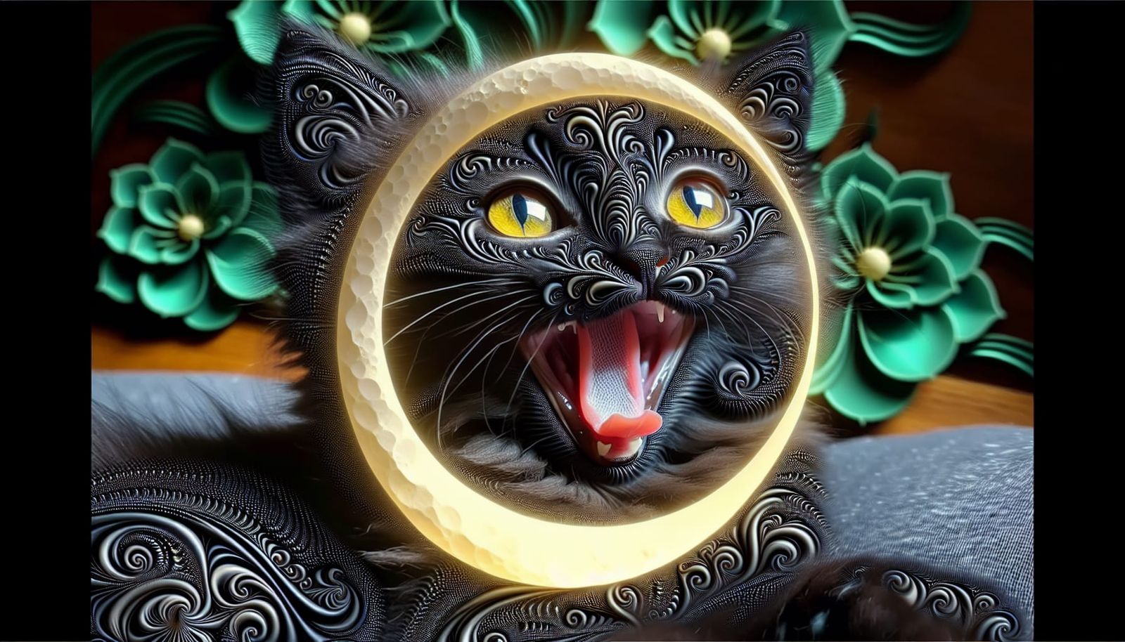 Cute Black Kitten Yawning with Fractal Fur