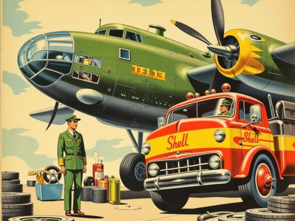 Vintage Aviation Fueling Scene in Bold Graphic Style