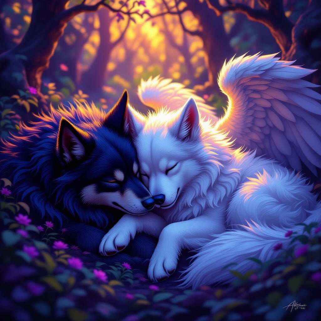 Demon and Angel Dogs Sleeping in Dark Fantasy Forest