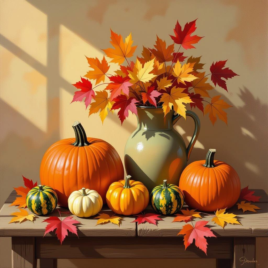 Autumn Still Life Oil Painting with Harvest Bounty