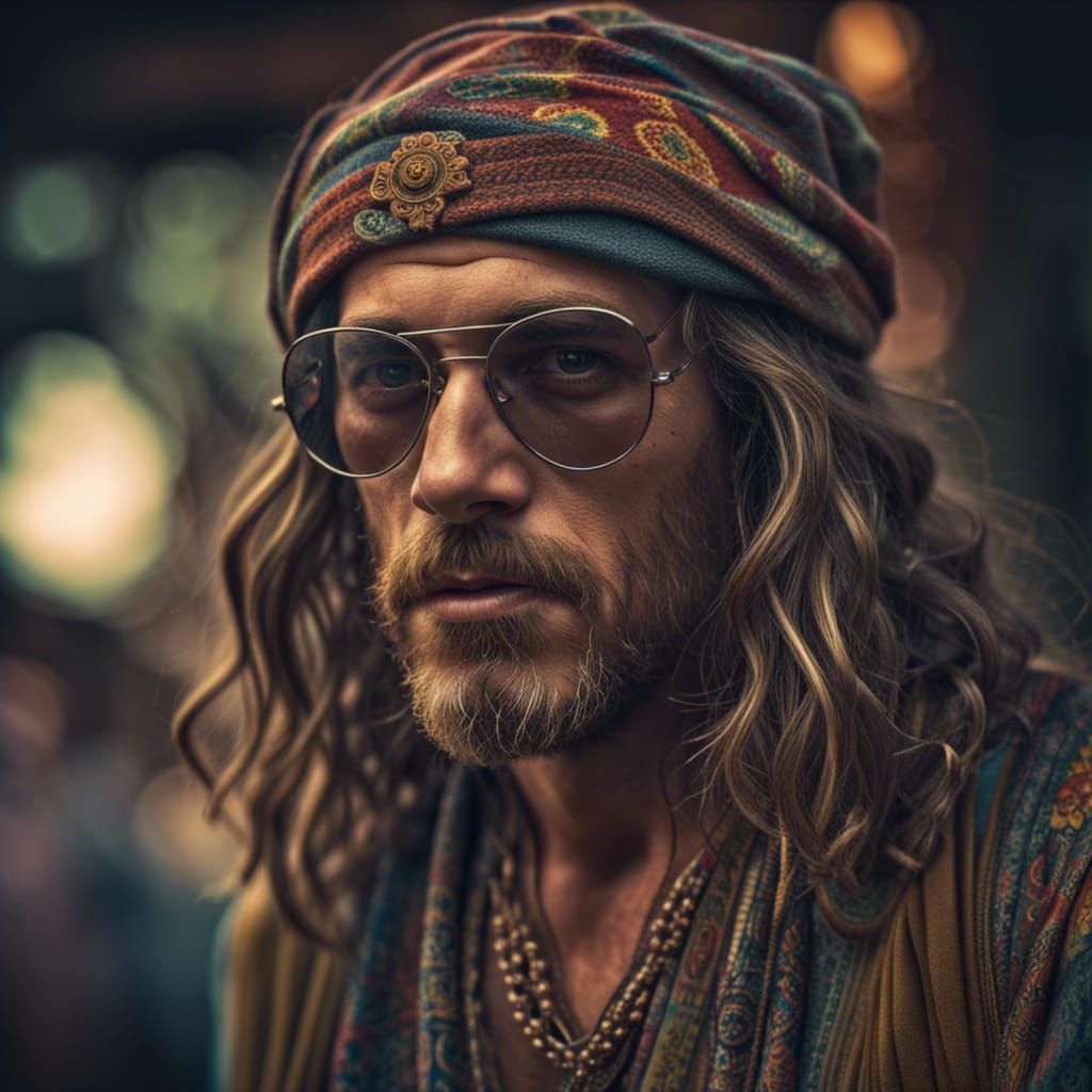 Hyperrealistic Portrait of a Villainous Hippie