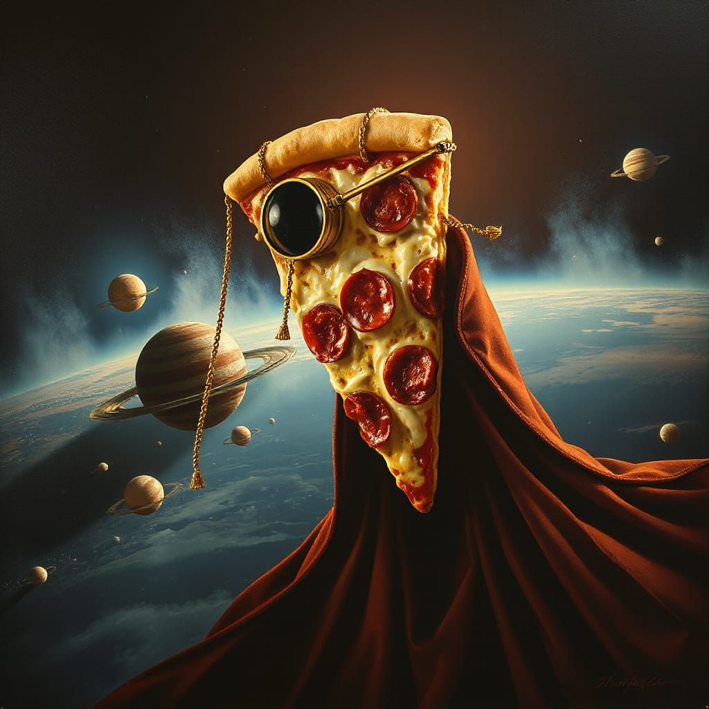 Victorian Pizza Detective in Space, Surreal Oil Painting