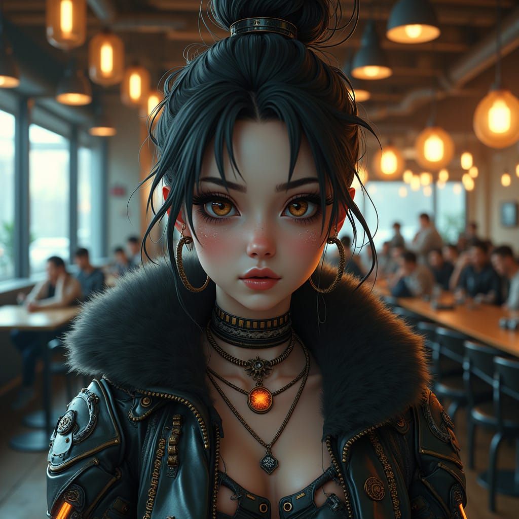 Cyberpunk Goddess in a Futuristic Café