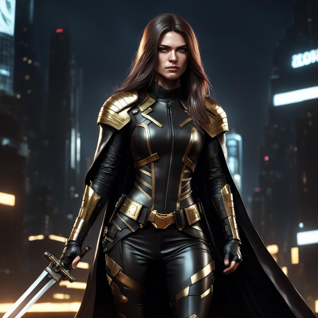 Cyberpunk Girl with Swords and Gold Armor