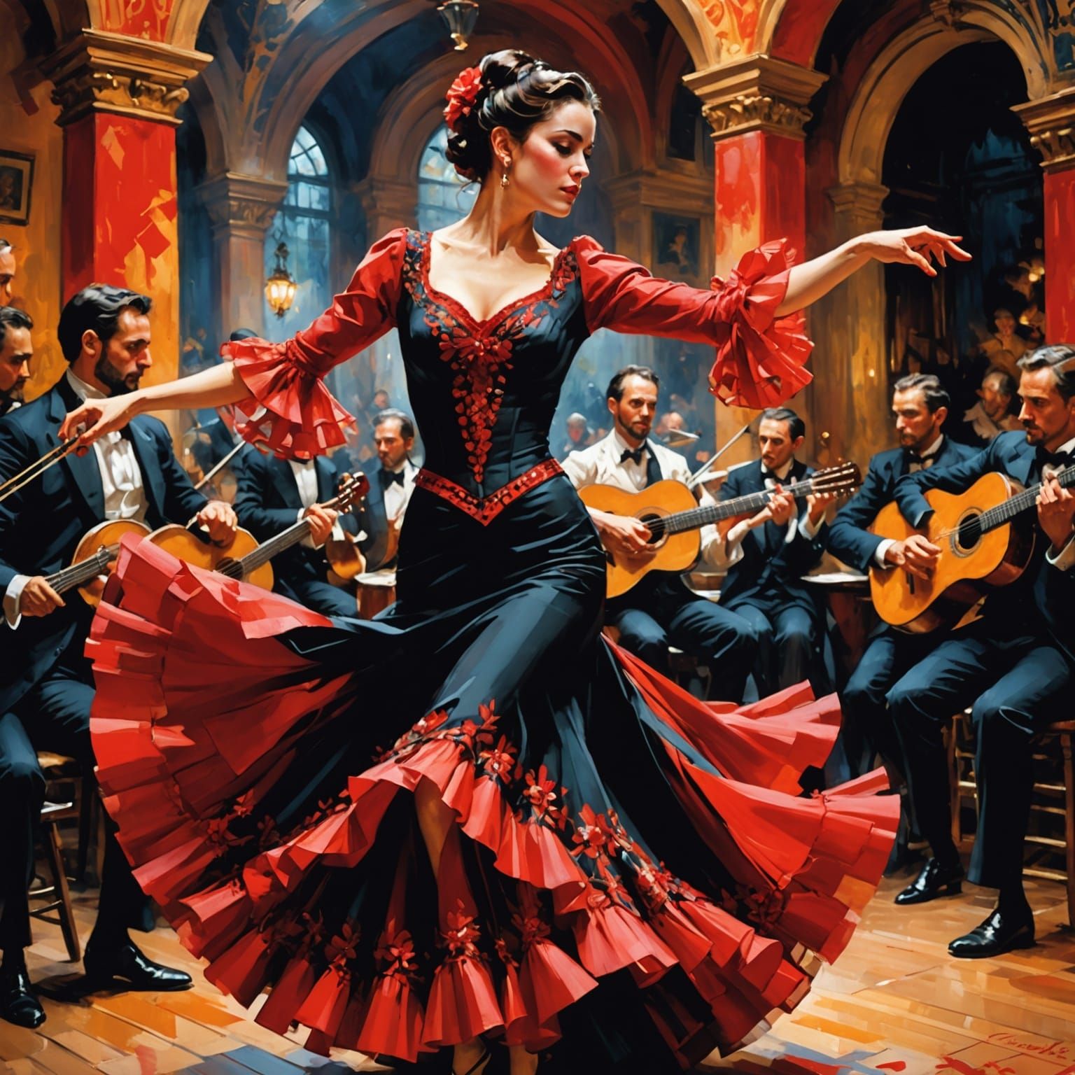 Flamenco Dancer on Stage in Dark Academia Style